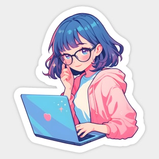 Cartoon girl with laptop Sticker